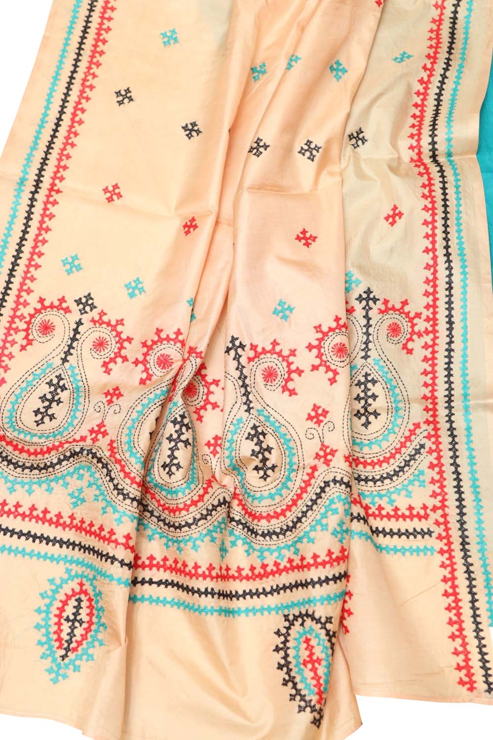 Pastel Banarasi Plain Silk Suit With Kantha Hand Embroidered Pure Silk Dupatta - Luxurion World