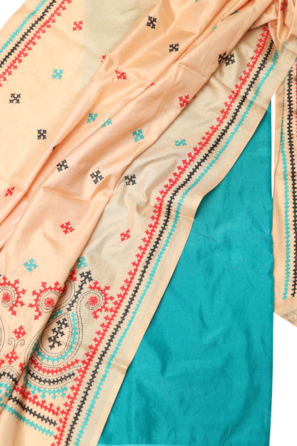 Pastel Banarasi Plain Silk Suit With Kantha Hand Embroidered Pure Silk Dupatta