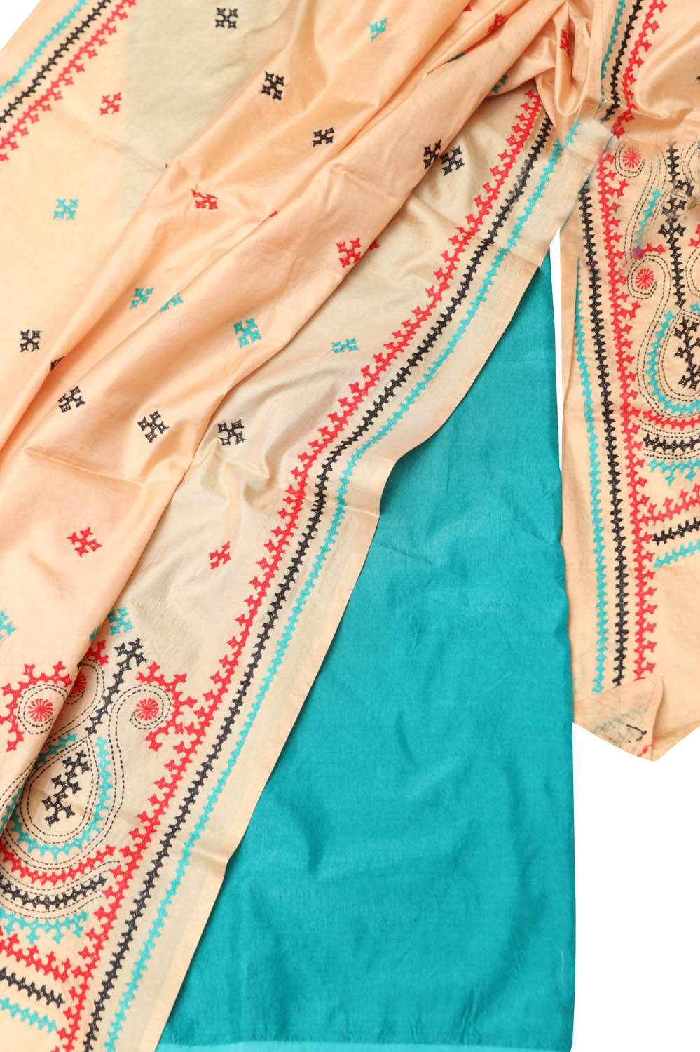 Pastel Banarasi Plain Silk Suit With Kantha Hand Embroidered Pure Silk Dupatta - Luxurion World