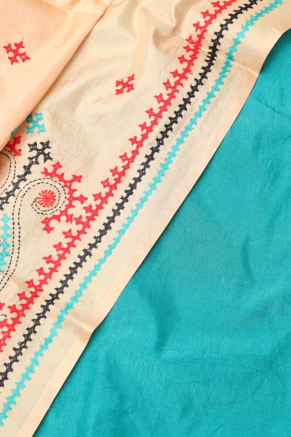 Pastel Banarasi Plain Silk Suit With Kantha Hand Embroidered Pure Silk Dupatta - Luxurion World