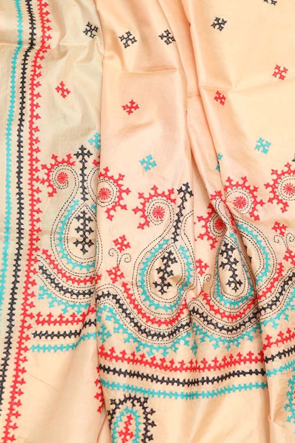 Pastel Banarasi Plain Silk Suit With Kantha Hand Embroidered Pure Silk Dupatta - Luxurion World