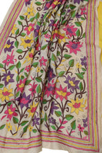 Pastel Banarasi Plain Silk Suit With Kantha Hand Embroidered Tussar Dupatta - Luxurion World