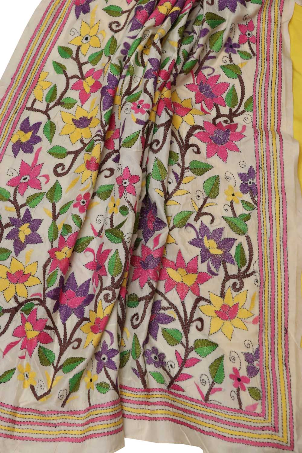 Pastel Banarasi Plain Silk Suit With Kantha Hand Embroidered Tussar Dupatta - Luxurion World