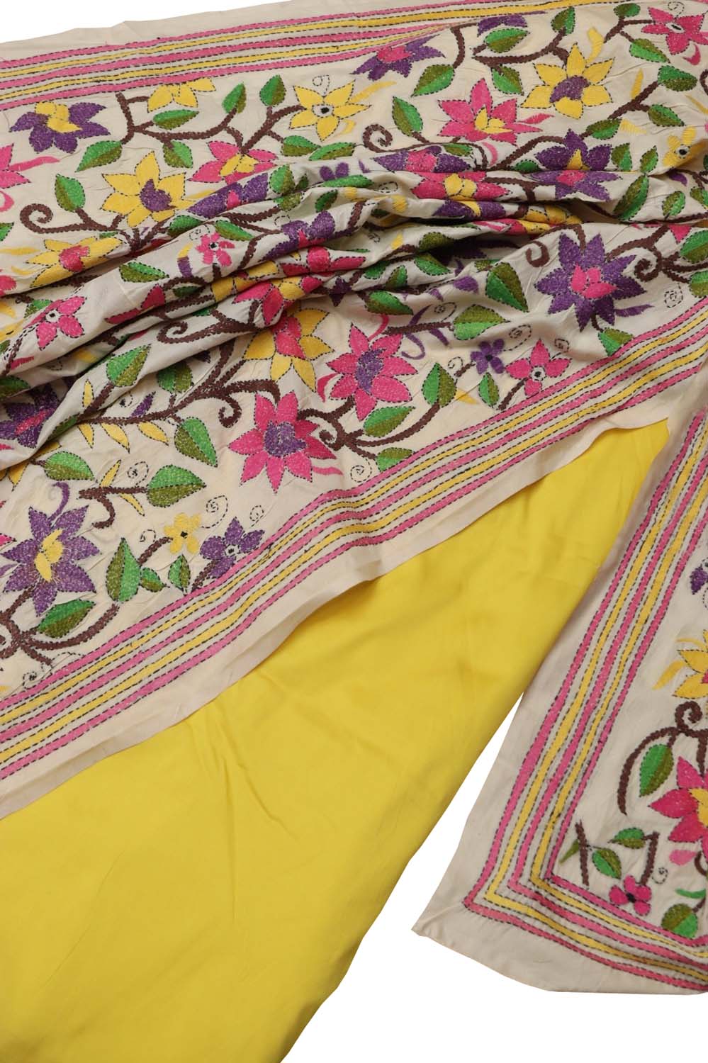 Pastel Banarasi Plain Silk Suit With Kantha Hand Embroidered Tussar Dupatta - Luxurion World