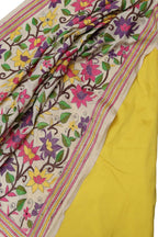Pastel Banarasi Plain Silk Suit With Kantha Hand Embroidered Tussar Dupatta - Luxurion World