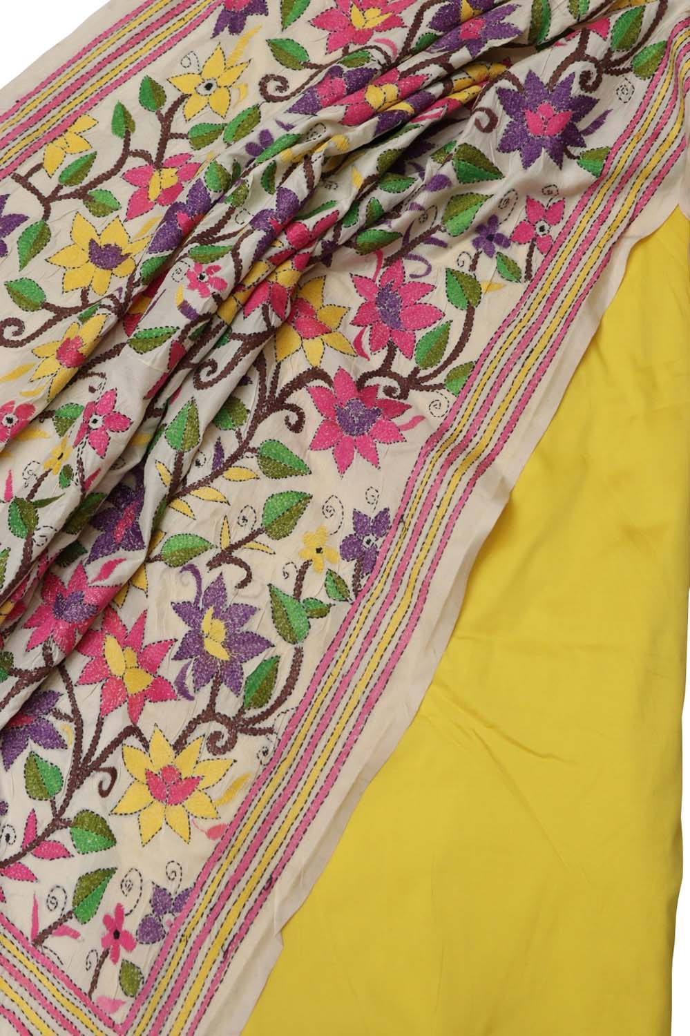 Pastel Banarasi Plain Silk Suit With Kantha Hand Embroidered Tussar Dupatta - Luxurion World