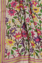 Pastel Banarasi Plain Silk Suit With Kantha Hand Embroidered Tussar Dupatta - Luxurion World