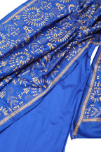 Blue Banarasi Plain Silk Suit With Kantha Hand Embroidered Pure Silk Dupatta - Luxurion World