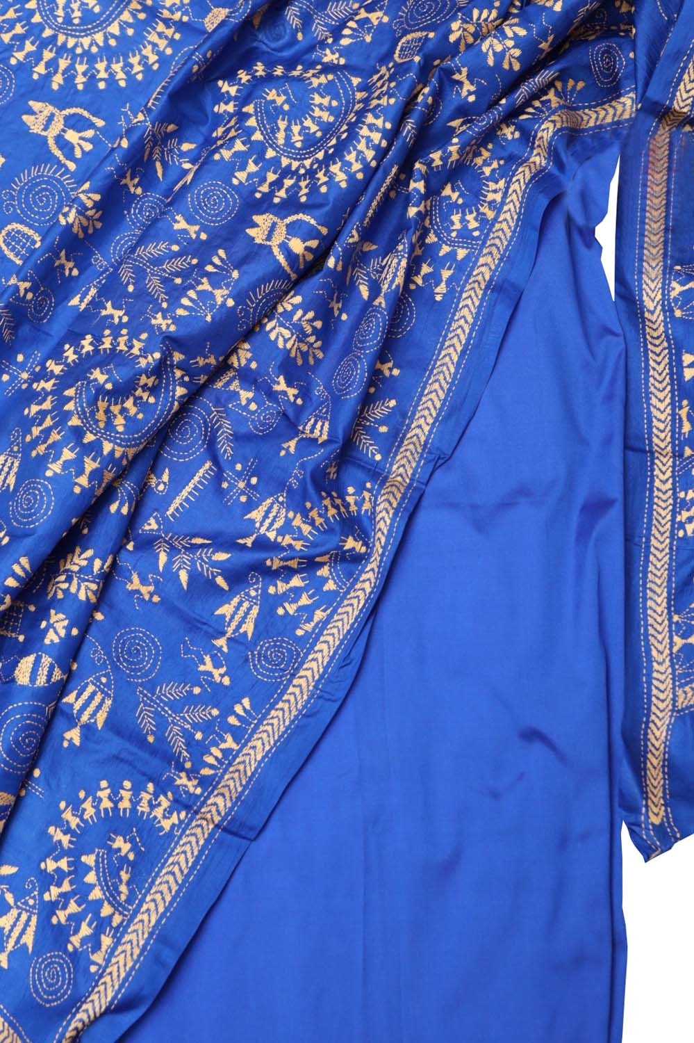 Blue Banarasi Plain Silk Suit With Kantha Hand Embroidered Pure Silk Dupatta - Luxurion World