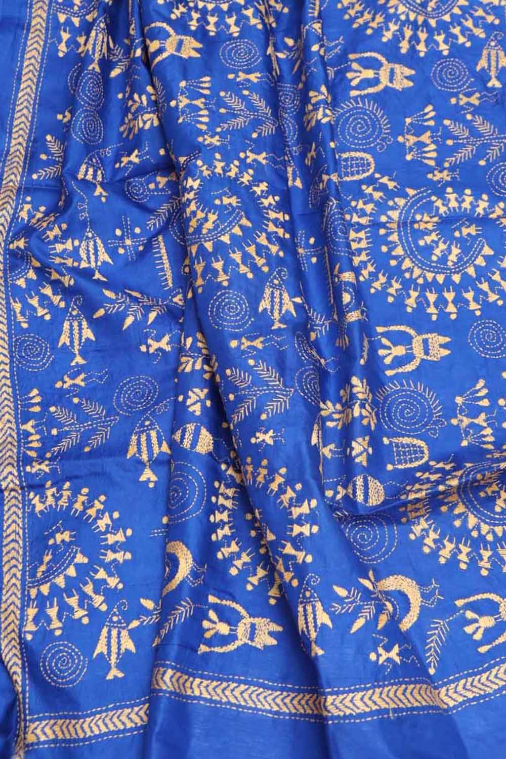 Blue Banarasi Plain Silk Suit With Kantha Hand Embroidered Pure Silk Dupatta - Luxurion World