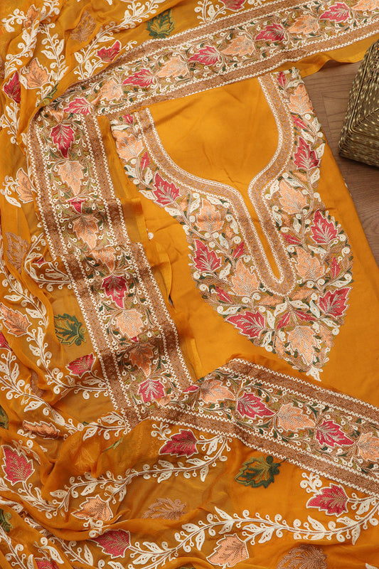 Yellow Kashmiri Aari Work Cotton Suit Set - Luxurion World