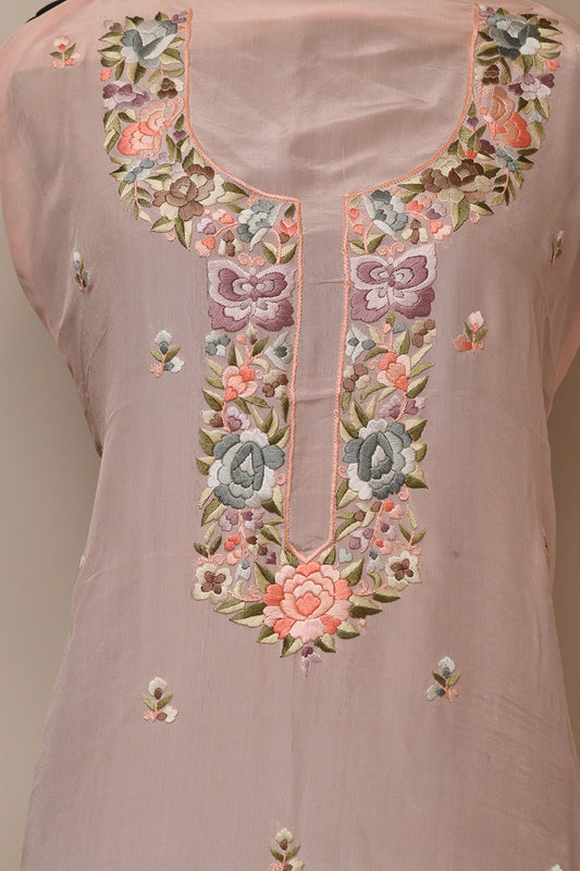 Pink Hand Embroidered Parsi Pure Crepe Unstitched Multicolor Thread Work Flower Design Kurti - Luxurion World