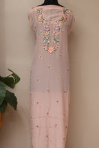 Pink Hand Embroidered Parsi Pure Crepe Unstitched Multicolor Thread Work Flower Design Kurti - Luxurion World