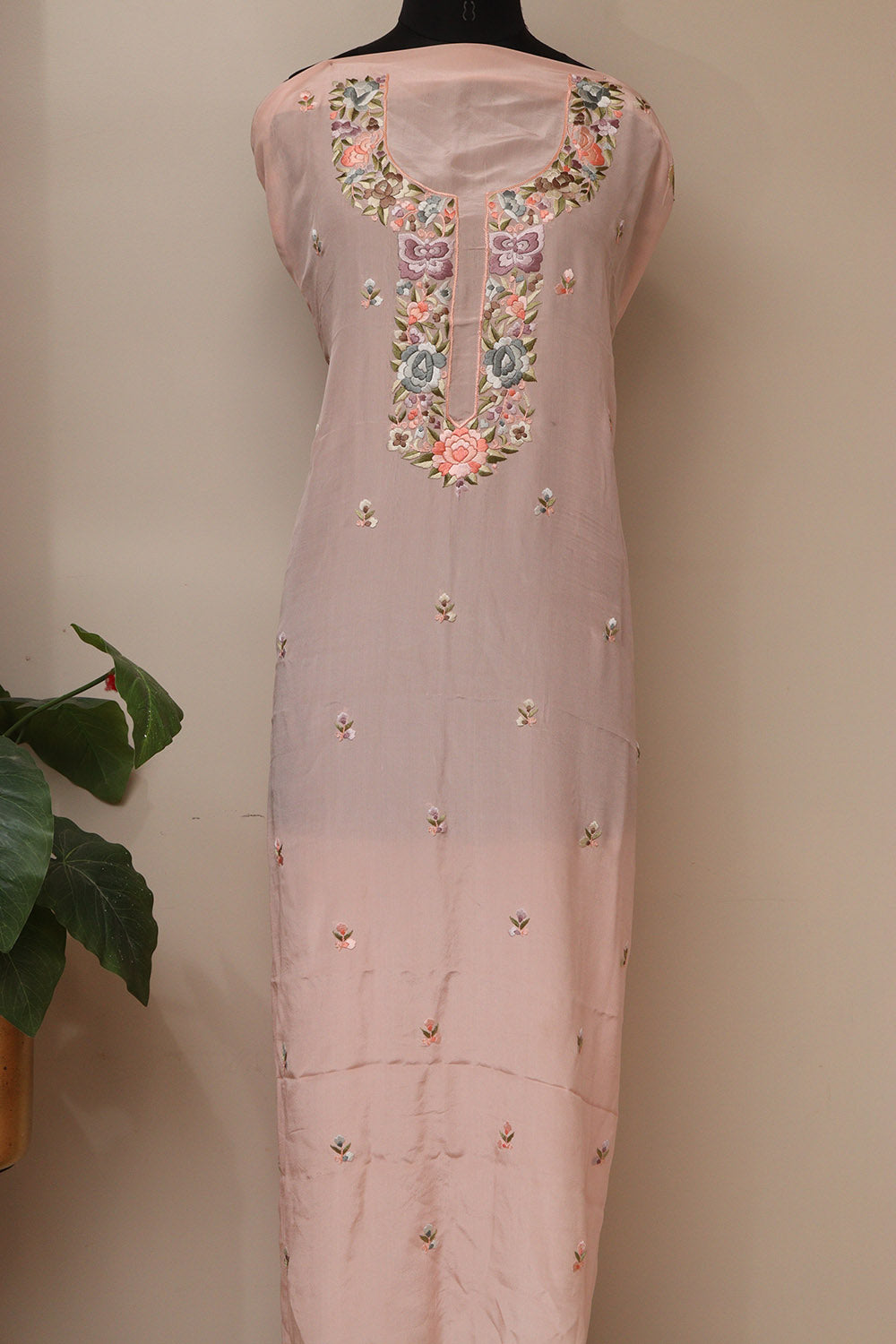 Pink Hand Embroidered Parsi Pure Crepe Unstitched Multicolor Thread Work Flower Design Kurti - Luxurion World