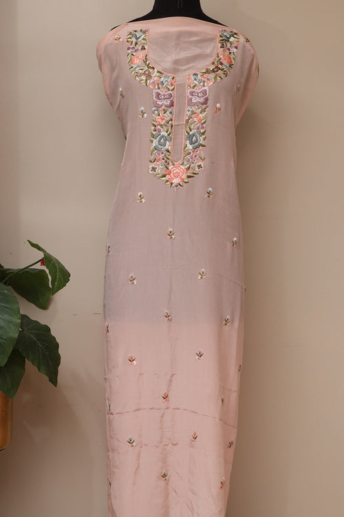 Pink Hand Embroidered Parsi Pure Crepe Unstitched Multicolor Thread Work Flower Design Kurti - Luxurion World