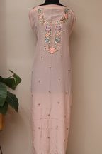 Pink Hand Embroidered Parsi Pure Crepe Unstitched Multicolor Thread Work Flower Design Kurti - Luxurion World