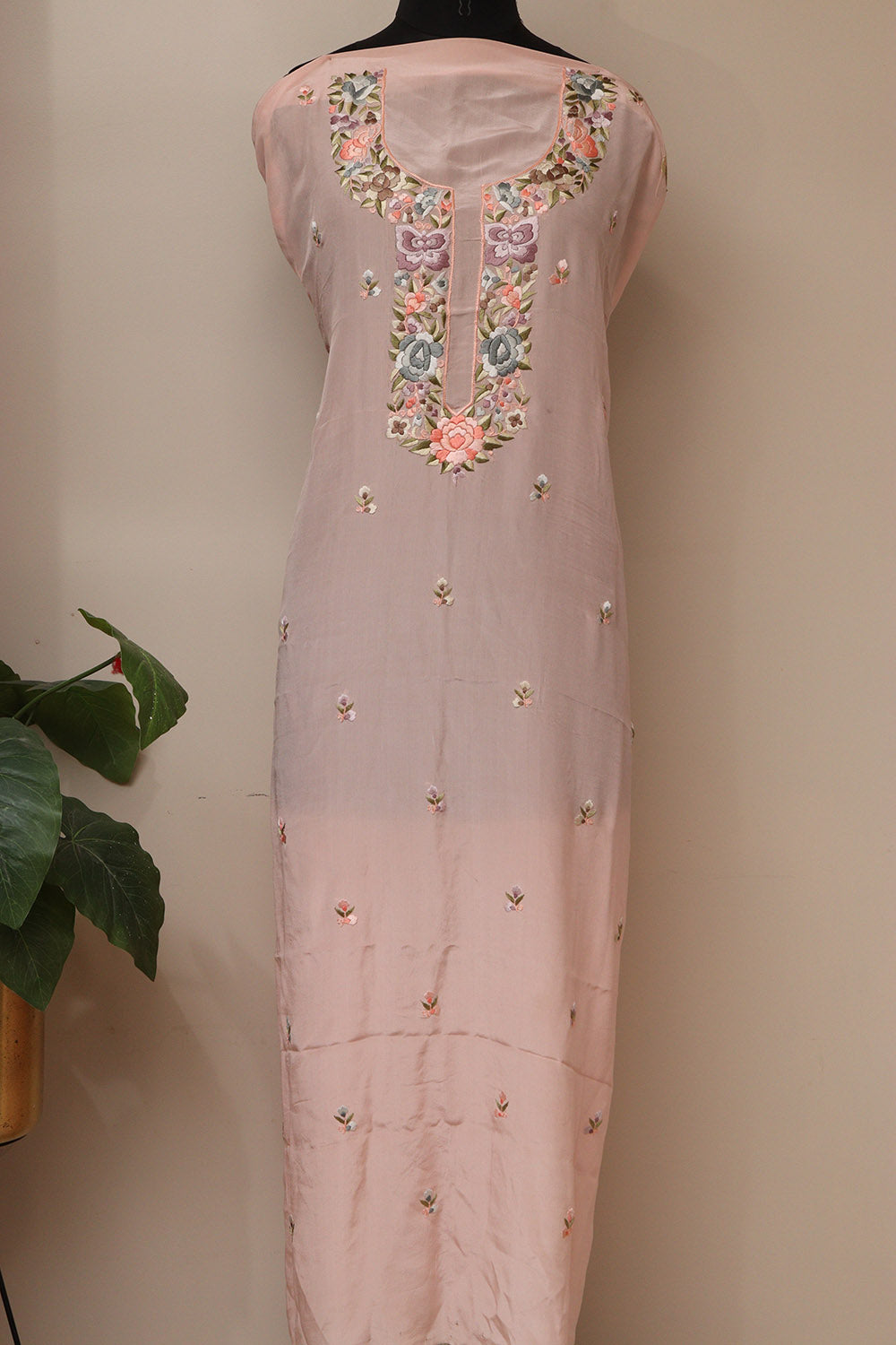 Pink Hand Embroidered Parsi Pure Crepe Unstitched Multicolor Thread Work Flower Design Kurti - Luxurion World