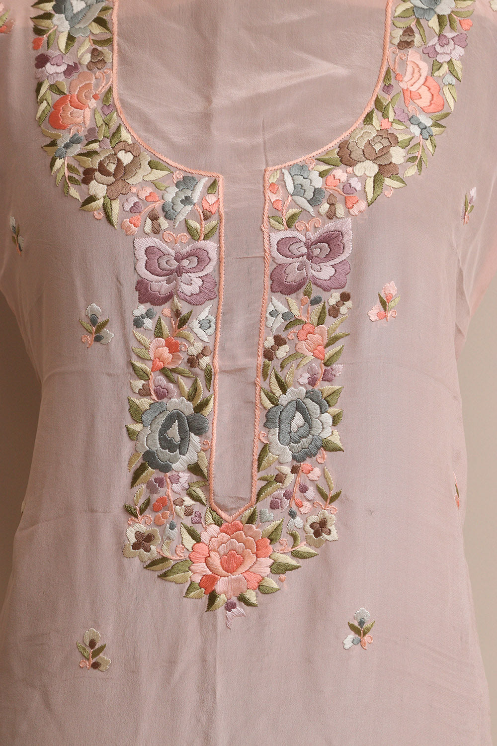 Pink Hand Embroidered Parsi Pure Crepe Unstitched Multicolor Thread Work Flower Design Kurti - Luxurion World