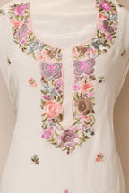 White Hand Embroidered Parsi Pure Crepe Unstitched Multicolor Thread Work Flower Design Kurti - Luxurion World