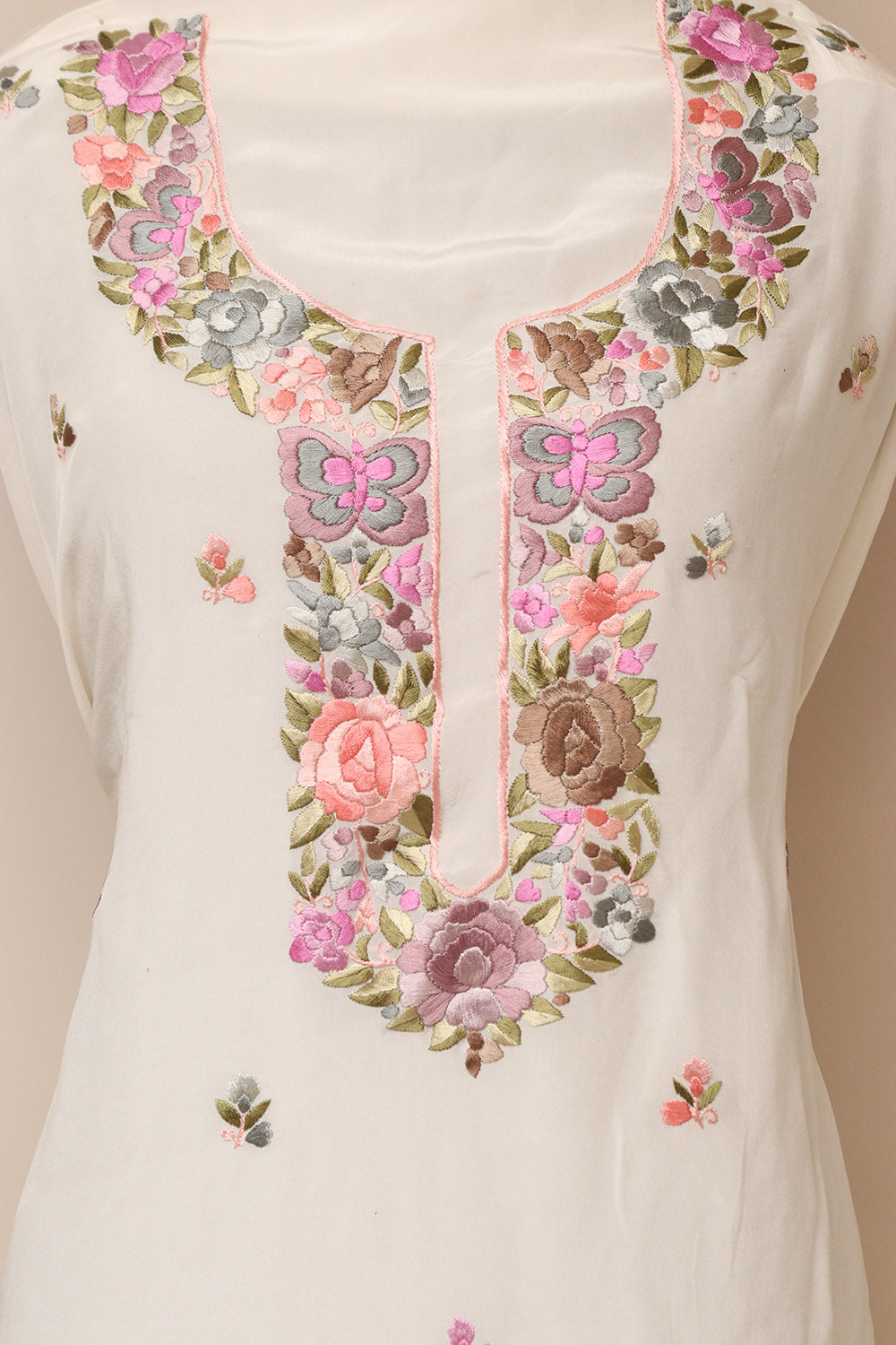 White Hand Embroidered Parsi Pure Crepe Unstitched Multicolor Thread Work Flower Design Kurti - Luxurion World