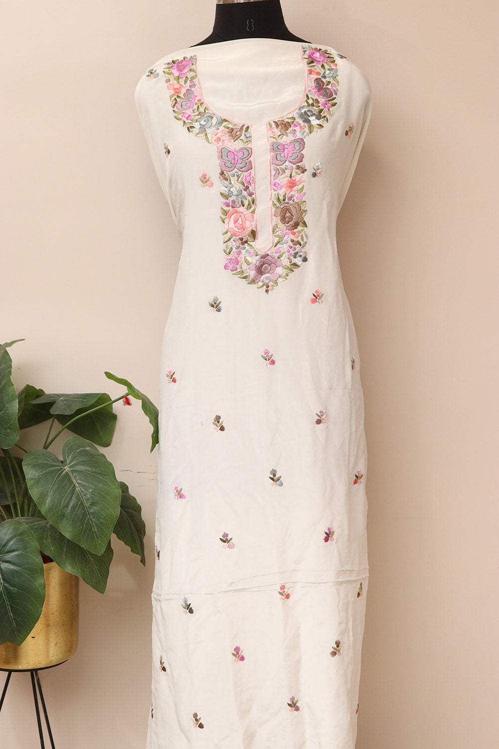 White Hand Embroidered Parsi Pure Crepe Unstitched Multicolor Thread Work Flower Design Kurti - Luxurion World