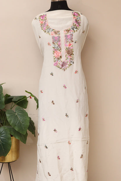 White Hand Embroidered Parsi Pure Crepe Unstitched Multicolor Thread Work Flower Design Kurti - Luxurion World