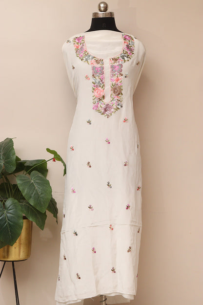 White Hand Embroidered Parsi Pure Crepe Unstitched Multicolor Thread Work Flower Design Kurti - Luxurion World