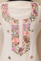White Hand Embroidered Parsi Pure Crepe Unstitched Multicolor Thread Work Flower Design Kurti - Luxurion World