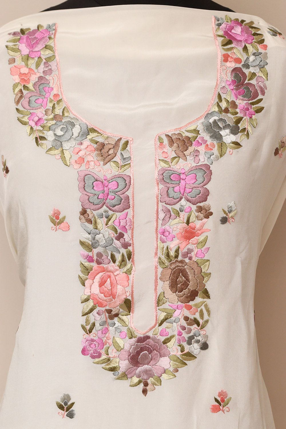 White Hand Embroidered Parsi Pure Crepe Unstitched Multicolor Thread Work Flower Design Kurti - Luxurion World