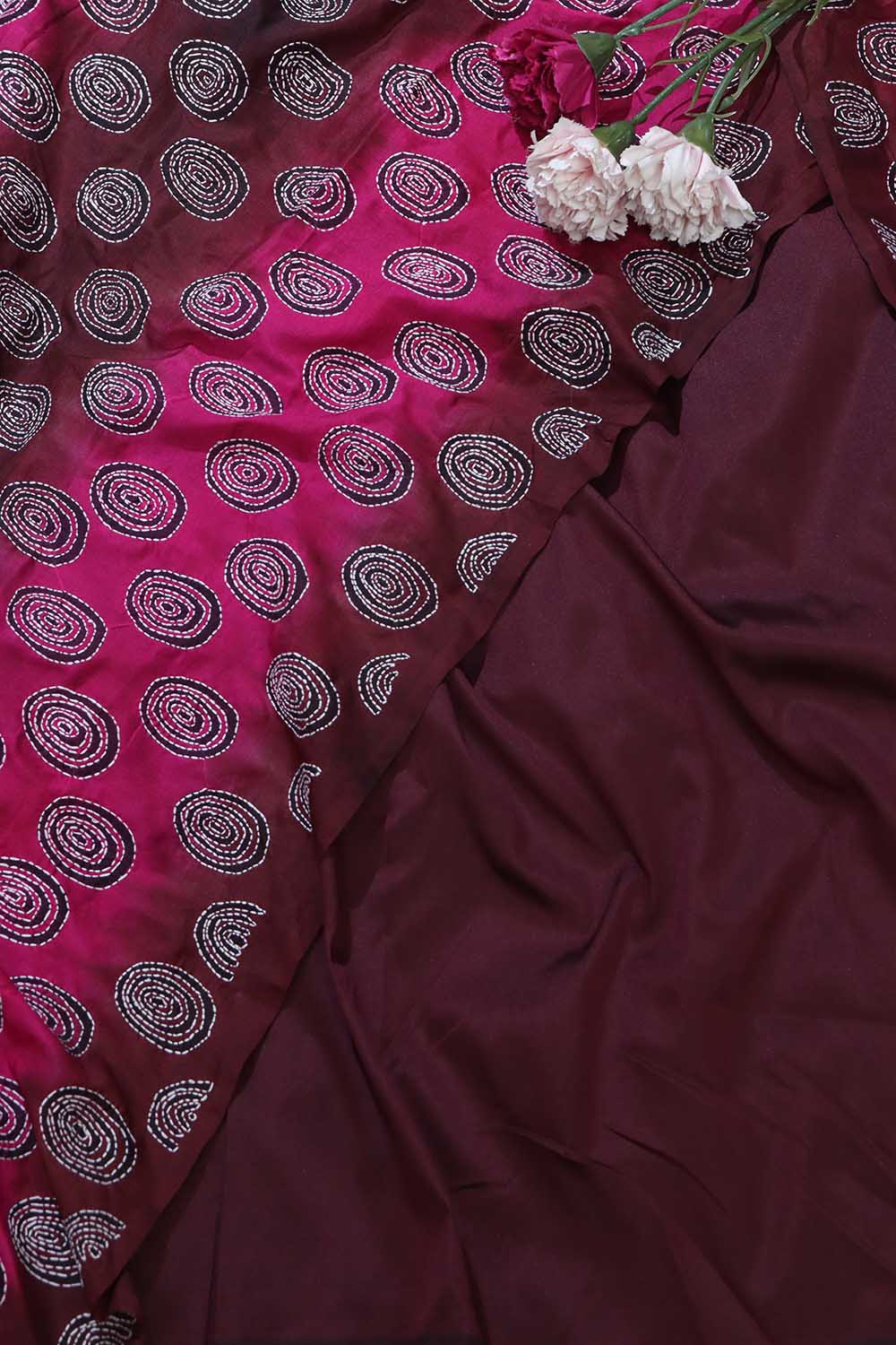 Wine Plain Silk Suit With Hand Embroidered Kantha Block Printed Pure Tussar Silk Dupatta - Luxurion World