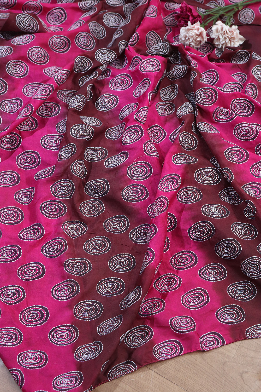 Wine Plain Silk Suit With Hand Embroidered Kantha Block Printed Pure Tussar Silk Dupatta - Luxurion World