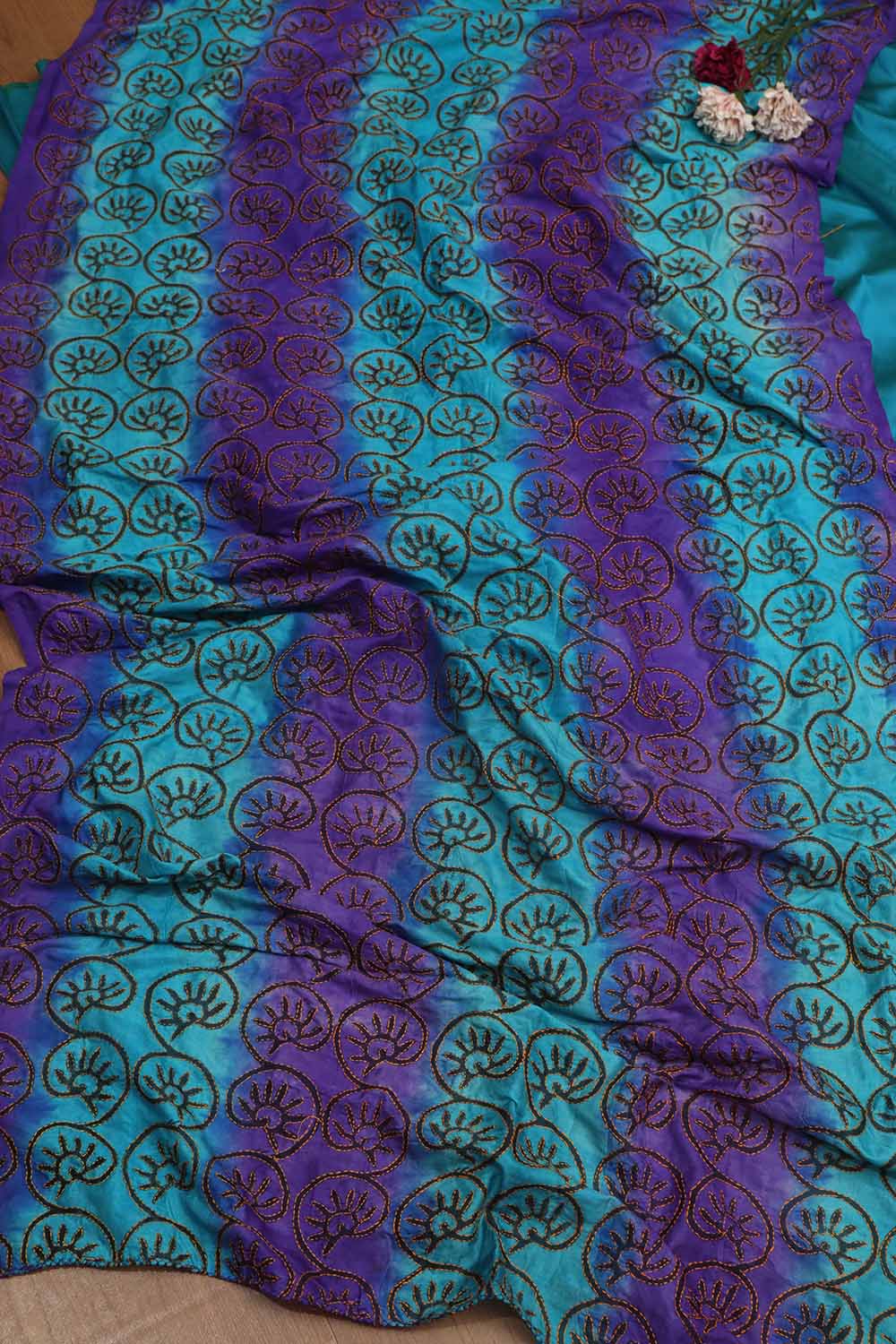 Blue Plain Silk Suit With Hand Embroidered Kantha Block Printed Pure Tussar Silk Dupatta - Luxurion World
