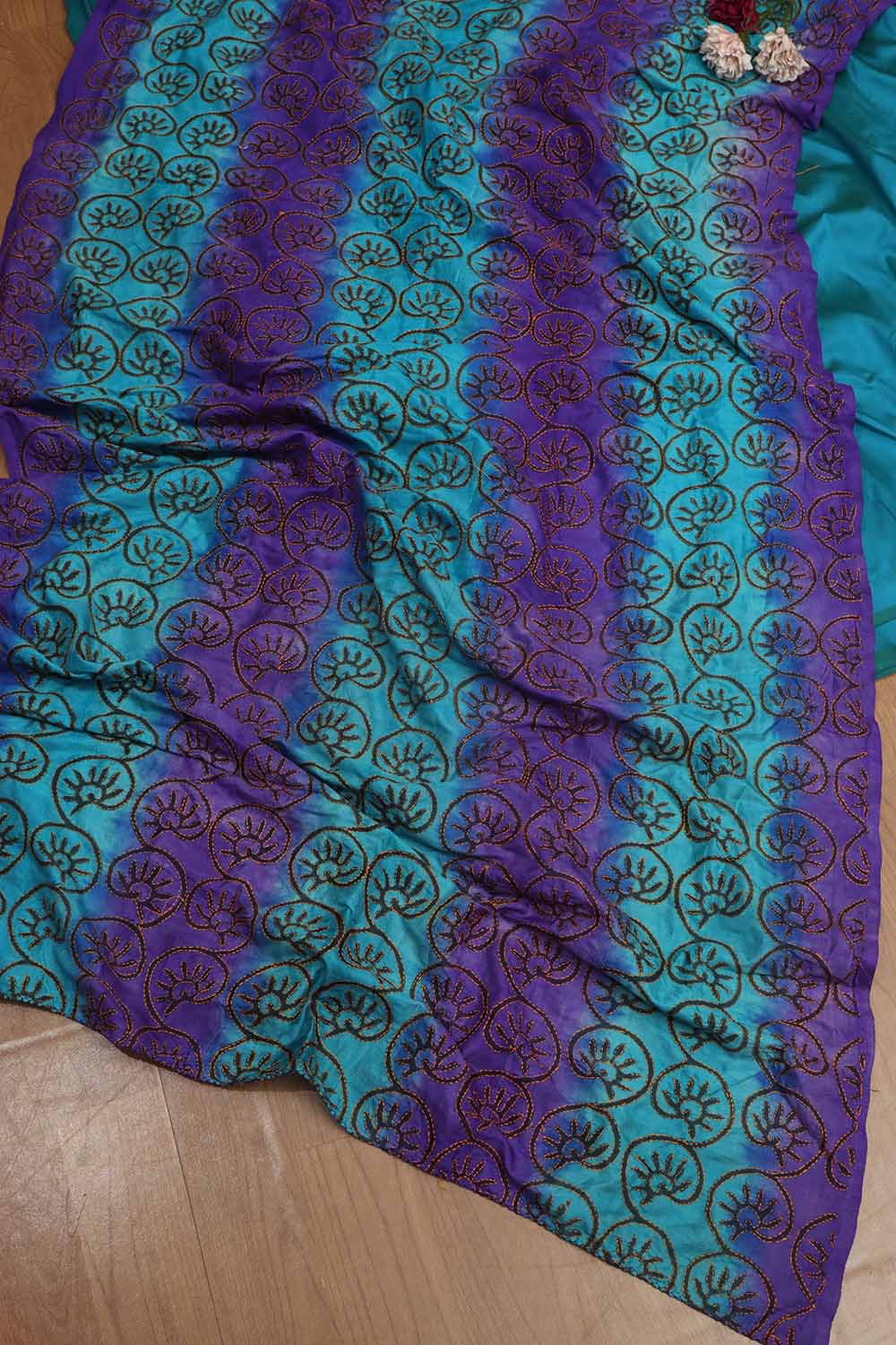 Blue Plain Silk Suit With Hand Embroidered Kantha Block Printed Pure Tussar Silk Dupatta - Luxurion World