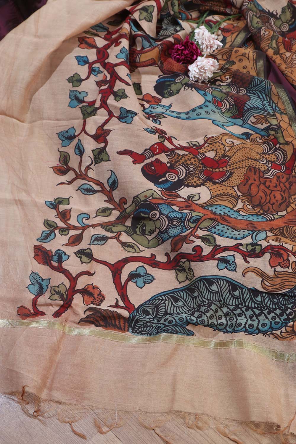 Elegant Wine Plain Silk Suit With Kalamkari Hand Painted Silk Dupatta - Luxurion World