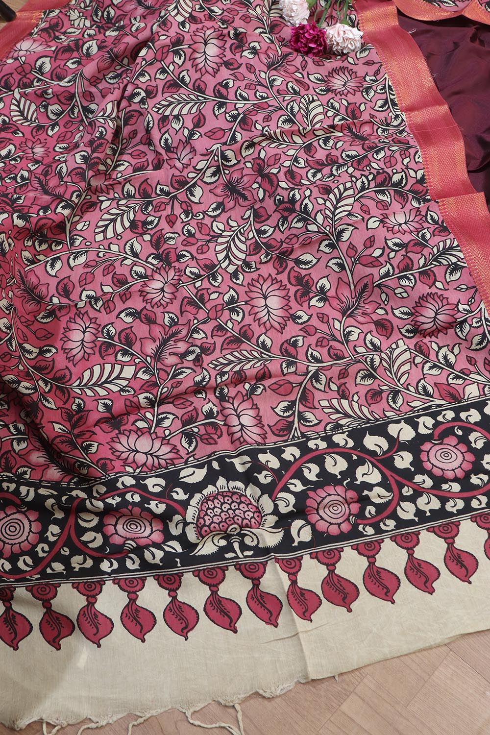 Elegant Wine Plain Silk Suit With Kalamkari Hand Painted Silk Dupatta - Luxurion World