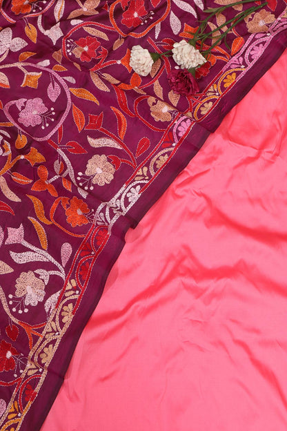 Exquisite Pink Silk Suit with Purple Embroidered Dupatta - Luxurion World