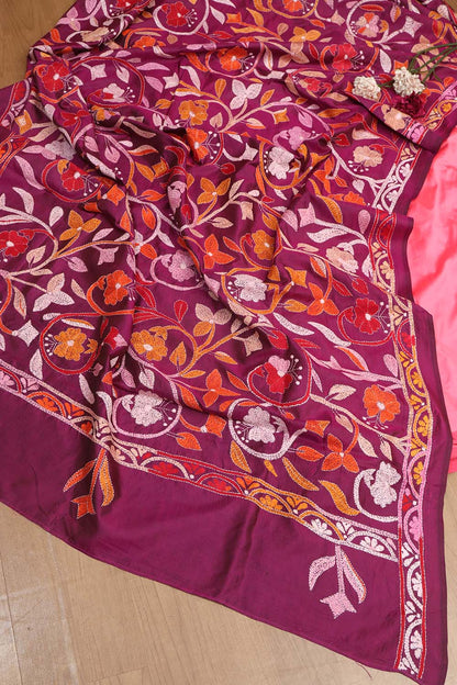 Exquisite Pink Silk Suit with Purple Embroidered Dupatta - Luxurion World