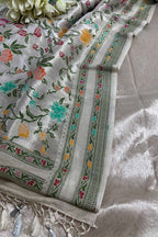Silver Plain Metallic Pure Tissue Suit With Dyeable Banarasi Handloom Brocade Meenakari Pure Tussar Silk Dupatta - Luxurion World