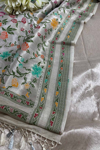 Silver Plain Metallic Pure Tissue Suit With Dyeable Banarasi Handloom Brocade Meenakari Pure Tussar Silk Dupatta - Luxurion World