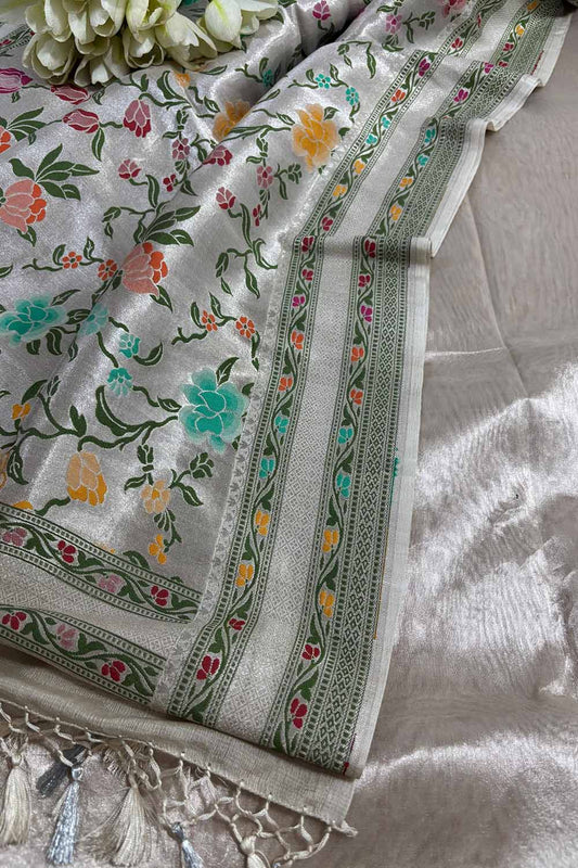 Silver Plain Metallic Pure Tissue Suit With Dyeable Banarasi Handloom Brocade Meenakari Pure Tussar Silk Dupatta - Luxurion World