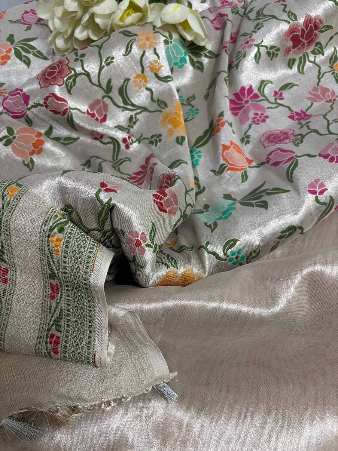 Silver Plain Metallic Pure Tissue Suit With Dyeable Banarasi Handloom Brocade Meenakari Pure Tussar Silk Dupatta - Luxurion World