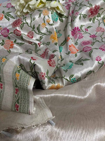 Silver Plain Metallic Pure Tissue Suit With Dyeable Banarasi Handloom Brocade Meenakari Pure Tussar Silk Dupatta - Luxurion World