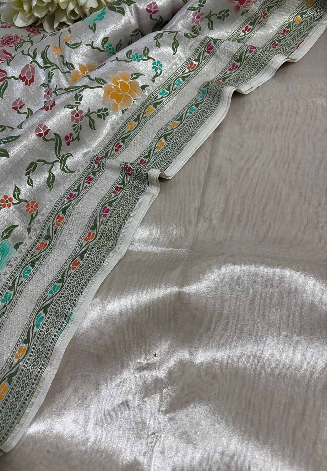 Silver Plain Metallic Pure Tissue Suit With Dyeable Banarasi Handloom Brocade Meenakari Pure Tussar Silk Dupatta - Luxurion World