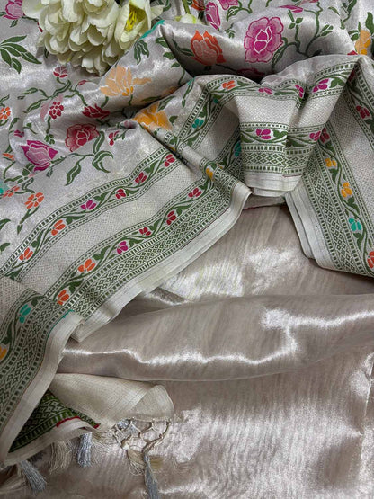 Silver Plain Metallic Pure Tissue Suit With Dyeable Banarasi Handloom Brocade Meenakari Pure Tussar Silk Dupatta - Luxurion World