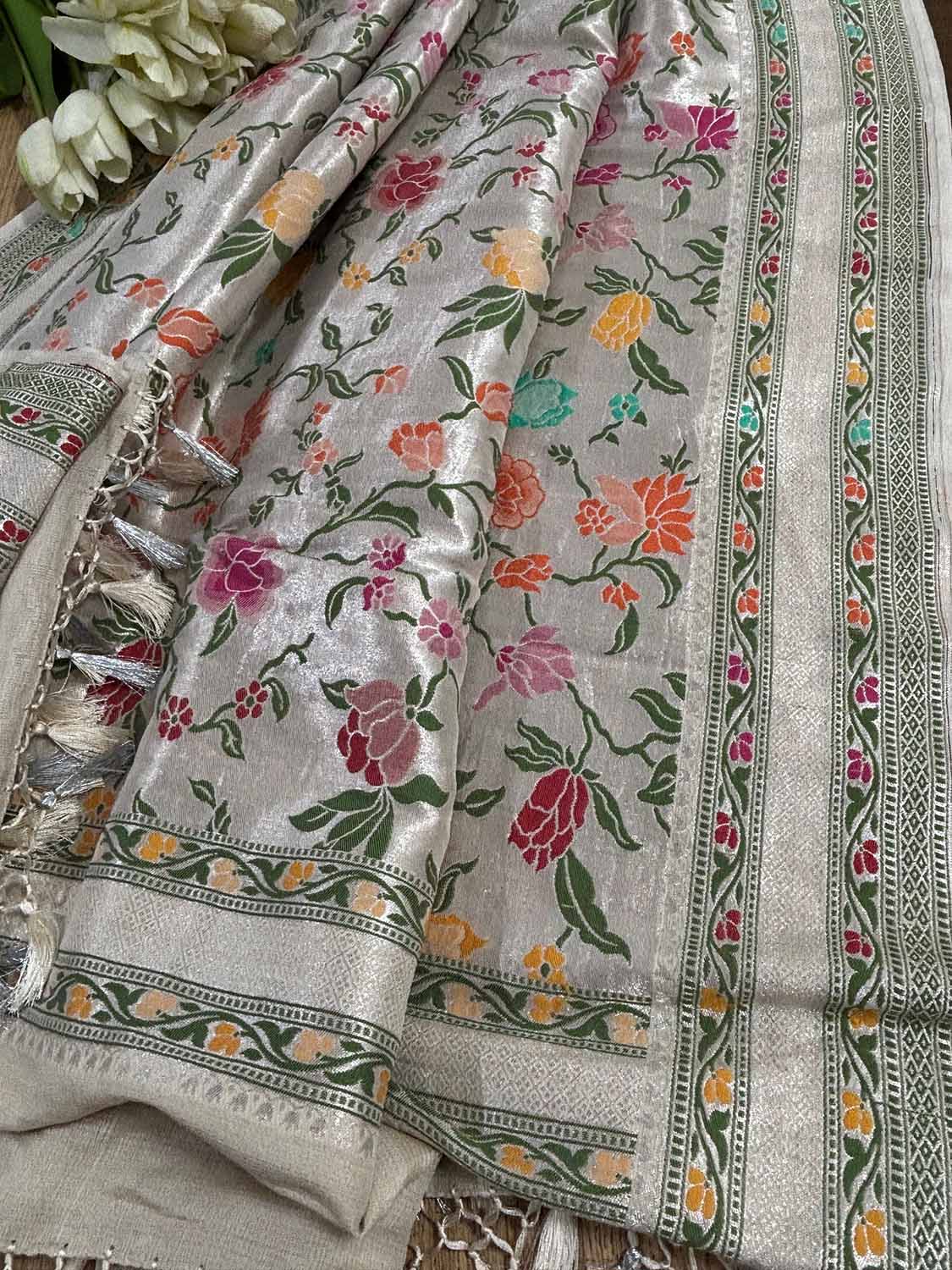 Silver Plain Metallic Pure Tissue Suit With Dyeable Banarasi Handloom Brocade Meenakari Pure Tussar Silk Dupatta - Luxurion World