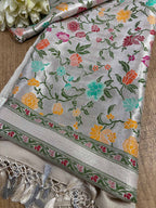 Silver Plain Metallic Pure Tissue Suit With Dyeable Banarasi Handloom Brocade Meenakari Pure Tussar Silk Dupatta - Luxurion World