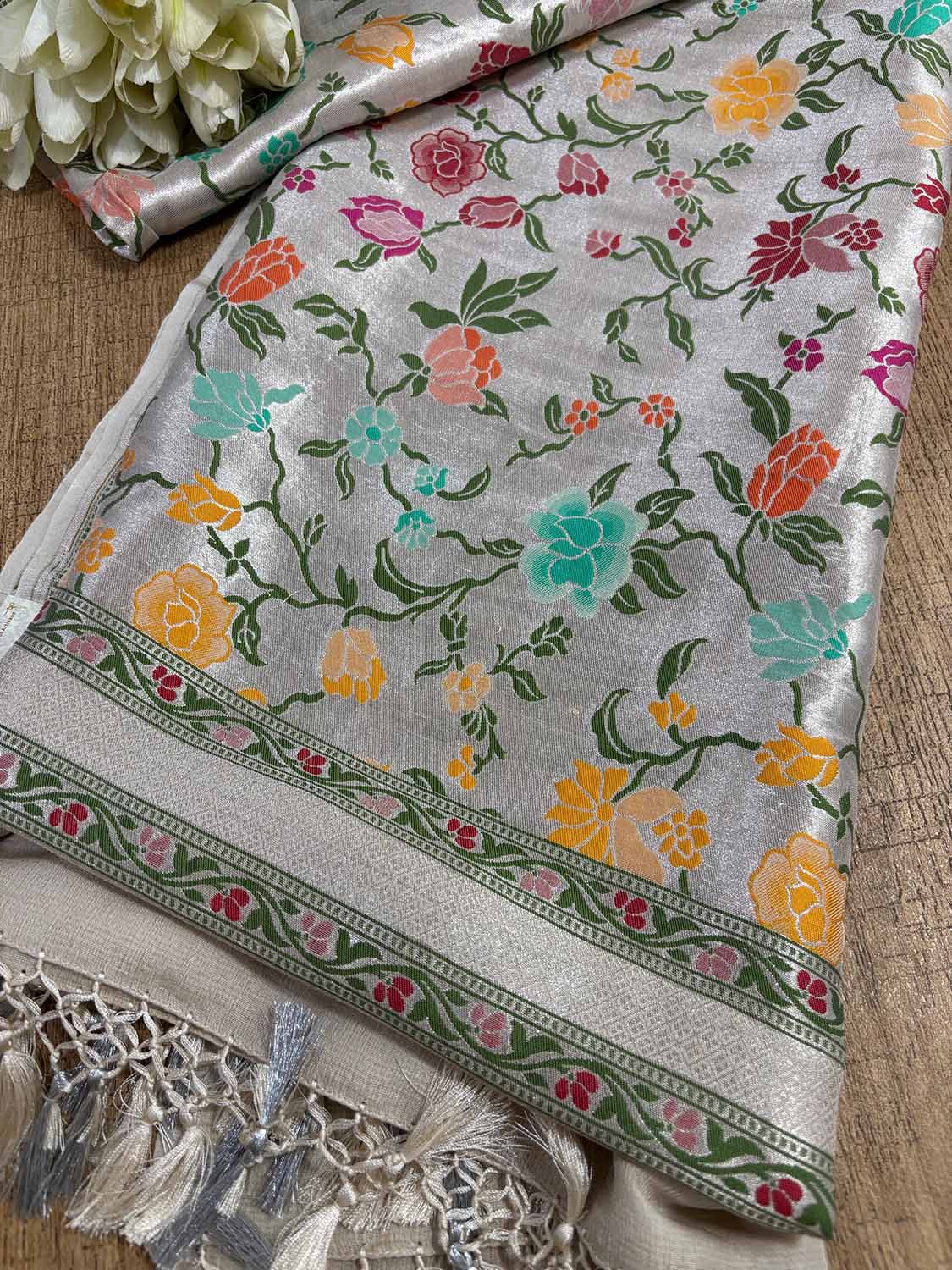 Silver Plain Metallic Pure Tissue Suit With Dyeable Banarasi Handloom Brocade Meenakari Pure Tussar Silk Dupatta - Luxurion World