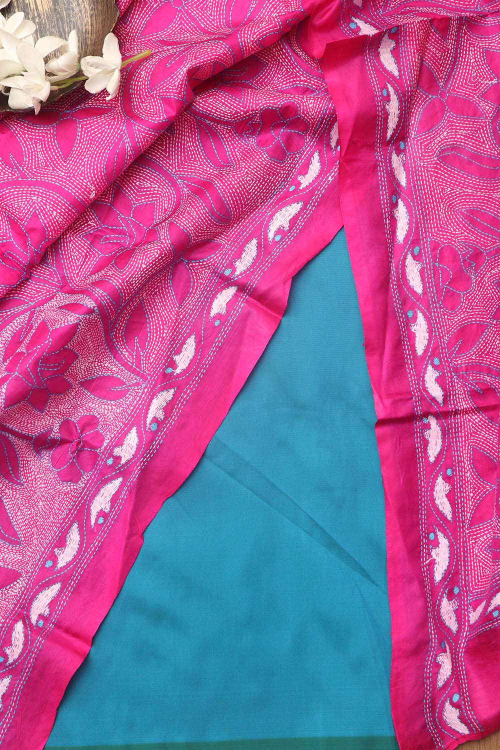 Blue Plain Silk Suit With Pink Hand Embroidered Bangalore Silk Dupatta - Luxurion World