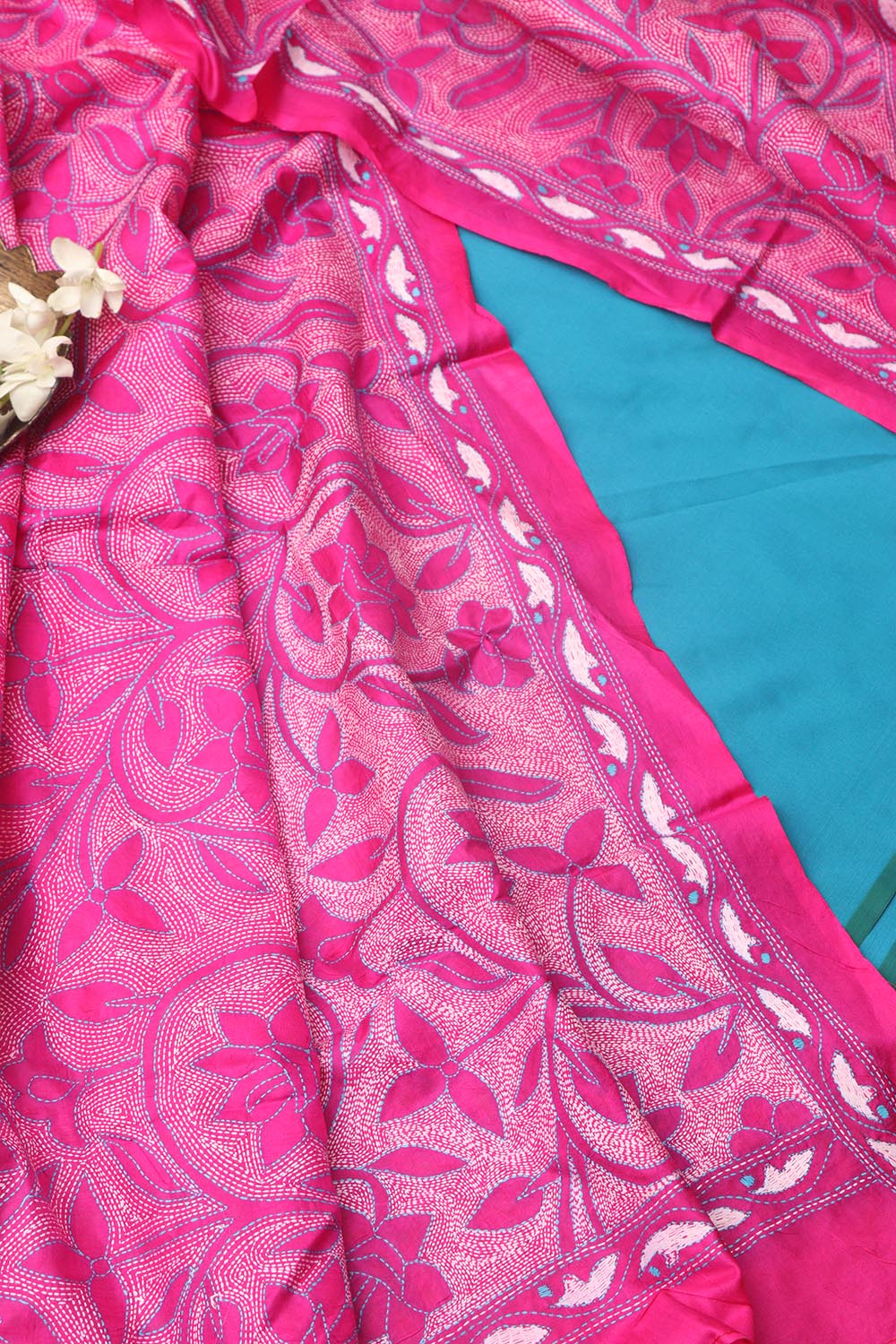Blue Plain Silk Suit With Pink Hand Embroidered Bangalore Silk Dupatta - Luxurion World