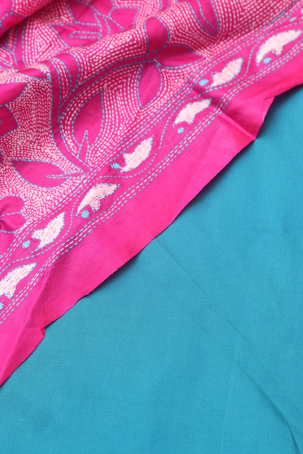 Blue Plain Silk Suit With Pink Hand Embroidered Bangalore Silk Dupatta - Luxurion World